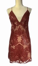 Free People Dress Slip Mini 10 Spaghetti Deep V Sequin Lace Party Red Club