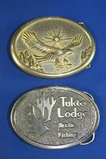 2 Vintage Elk Antlers Tukto Lodge Arctic Fishing & Flying Eagle Belt Buckles
