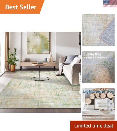 Area Rug 5x7 Abstract Sketch Distressed Green Multi Print Non-Slip Washable R...