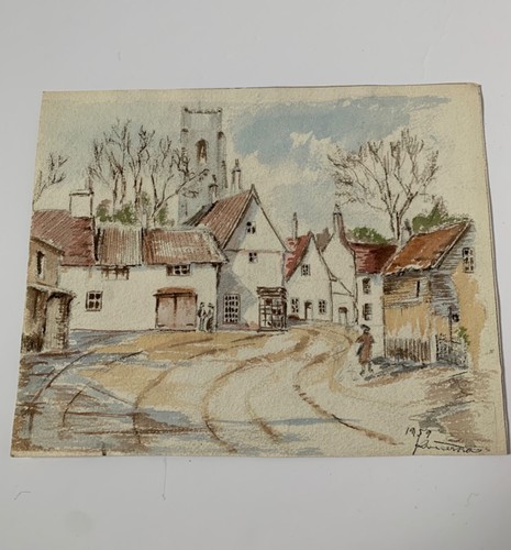 VINTAGE DOUBLE SIDED WATERCOLOUR PAINTING TOWN BUILDING CHURCH SIGNED DATED 1959 - Picture 12 of 24