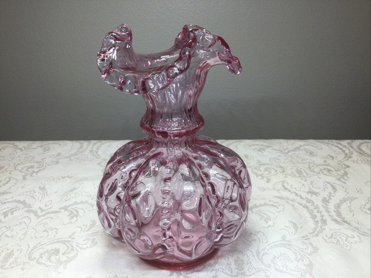 Vintage Pink Fenton Art Glass Ruffle Top Beaded Melon Vase 6