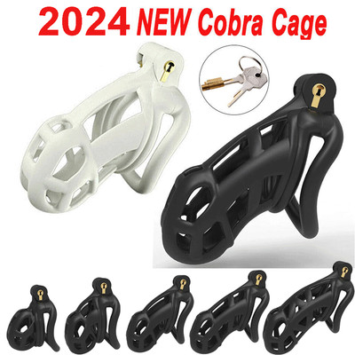 High Cobra Male Chastity Cage Lock Device Kit W/4 Rings Virginity Device 5-Size