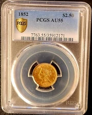 1852 $2.50 Liberty Head Gold PCGS AU55 Quarter Eagle $2 1/2 Gold Shield