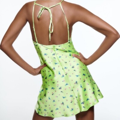 Zara Satin Effect Dress Light Lime Green Floral Mini Dress Sexy Babydoll  Neon M | eBay