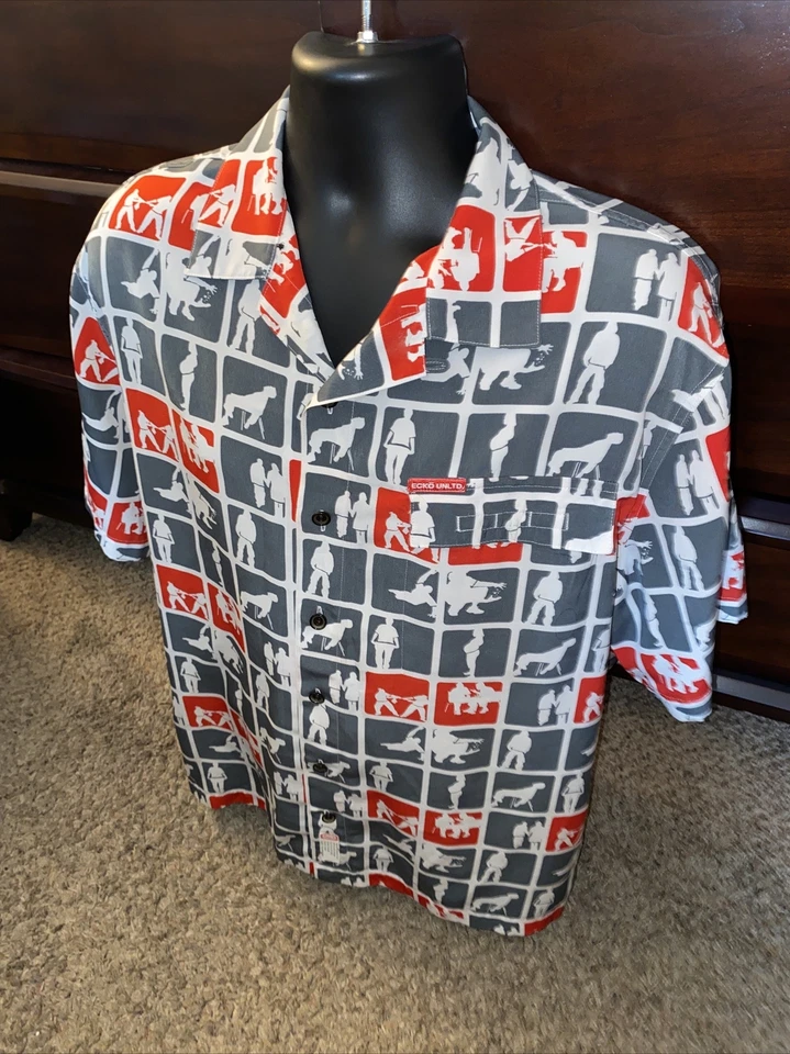 Camisa masculina complexa ECKO UNLTD grande arte abstrata luta impressão botão para cima RARA - Imagem 2 de 4