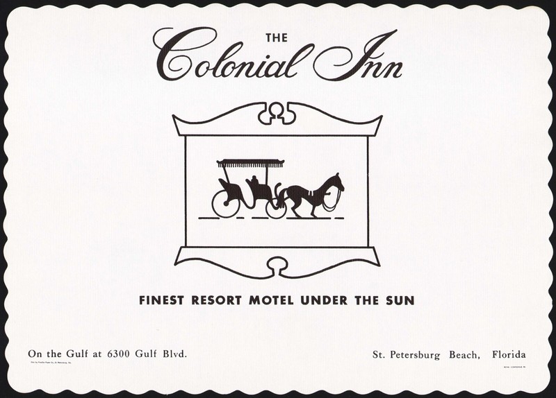Vintage placemat THE COLONIAL INN horse buggy pic St Petersburg Beach Florida