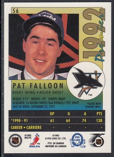 1991 92 Pat Falloon San Jose Sharks O Pee Chee Premier Hockey Rookie 