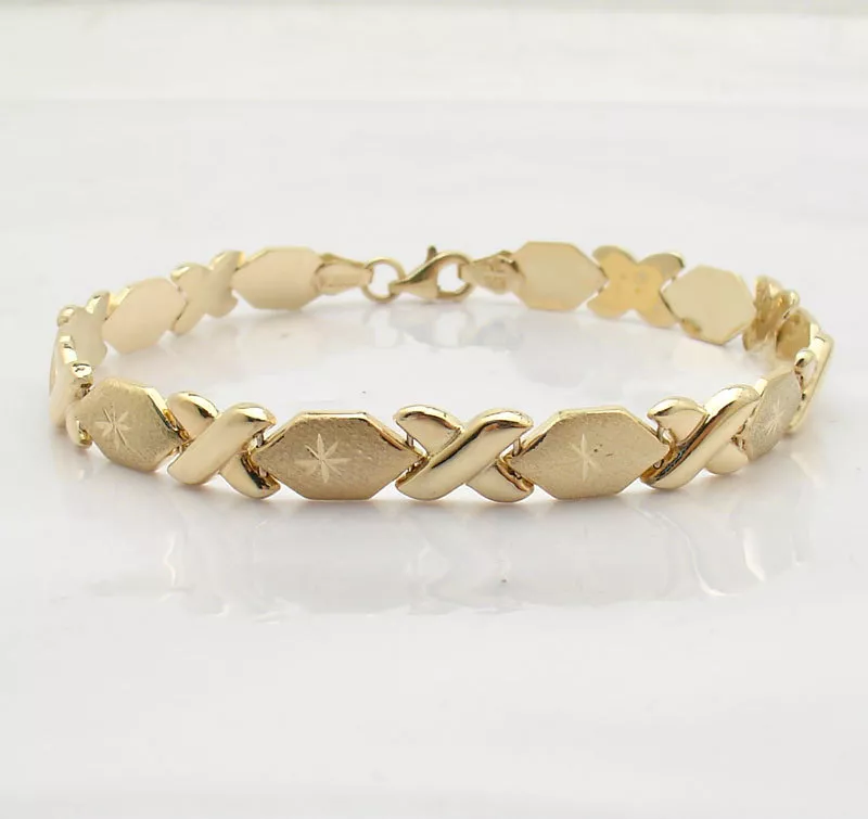 Diamond Cut Hugs Kisses XOXO Bracelet Genuine REAL 14K Yellow Gold ALL SIZES