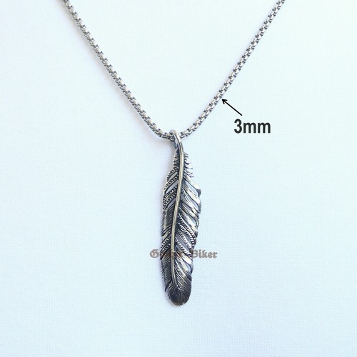 Women's Men's Retro Silver 316L Stainless Steel Feather Necklace Chain Pendant - Picture 13 of 19