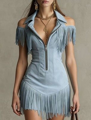 Retro Suede Fringe Off Shoulder Bodycon Dress Zipper Neck Club Party Wear
