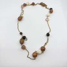 Animal Print Wood Bead Long Necklace Antiqued Gold Tone Chunky Boho Statement