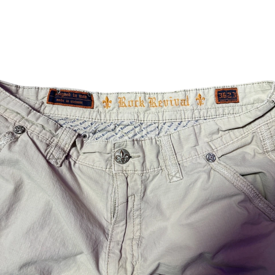 Pantalones Cortos Carga Rock Revival Hombres Beige Talla 36 Logo Envejecido Grunge Patinador Foto 2 de 4