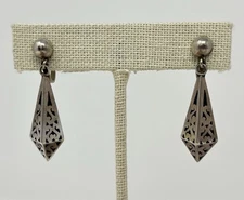 Vintage Taxco Dangle Shadow Box Earrings Sterling Silver 925 3D Kite Teardrop