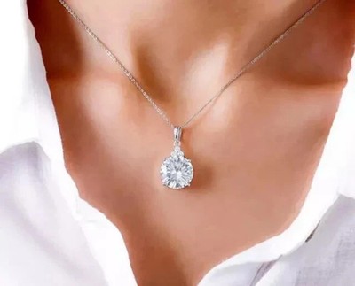 14k White Gold Plated Real Moissanite 2.20Ct Round Cut Women's Pendant