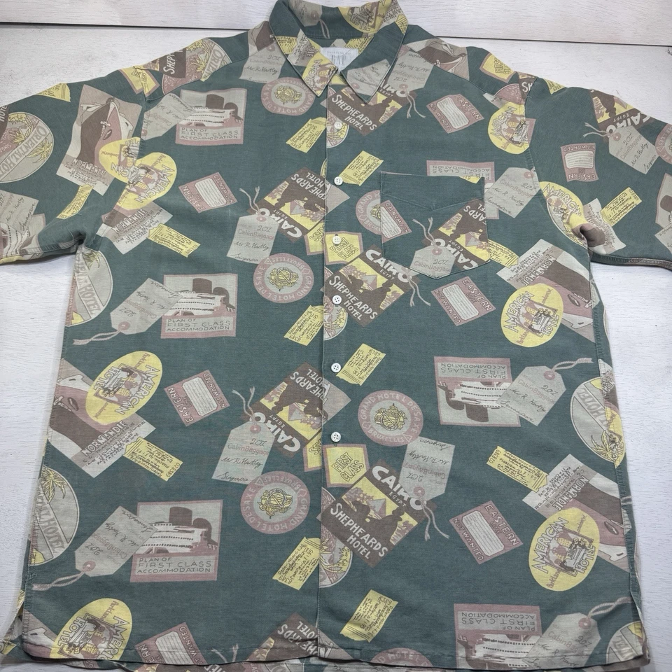 Camisa havaiana masculina Gap linho L bilhete de viagem short slv vintage anos 90 Y2k tamanho grande - Imagem 2 de 4