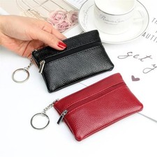 NEW Black Small Leather Coin Purse Change Pouch with Zipper and Key Ring, Unisex