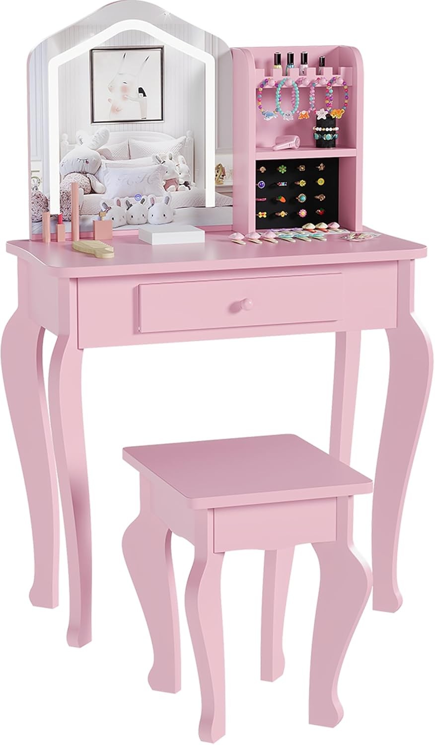 Kids Vanity with Lighted Mirror,Girls Makeup Table&Stool Set,Toddler Play Vanity