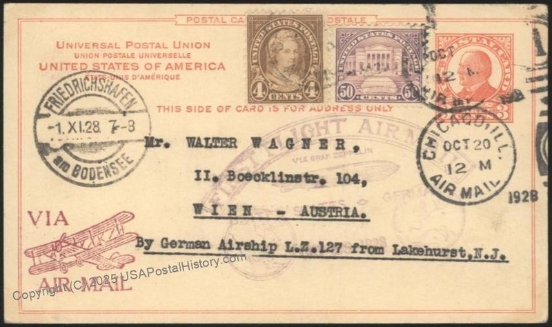 USA 1928 Graf Zeppelin Germany Mi8A Postal Card Air Mail Cachet Cover 116185