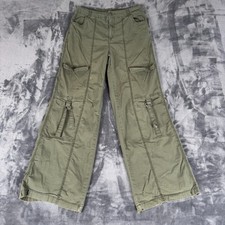 Baggy Retro Y2K Raver Pants Womens Small Green Lightweight Cotton Wide Leg Cargo