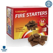 64 Odourless Fire Starter Squares - Water Resistant & Organic for BBQ & Camping