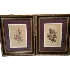 VTG J.L. Prevost Art Print Matted Framed Roses Iris Botanical 12"x10" Cottage