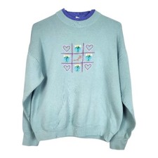 90s Vintage Embroidered Grandma Sweatshirt Large Flower Heart Turquoise Collared
