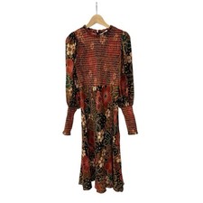 Farm Rio Flowered Leopard Midi Dress Crepe Frilled Puff Sleeve M
