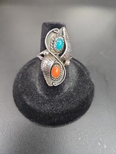 Vintage Native American Turquoise Coral Sterling Silver Ring - Size 7 Leaf
