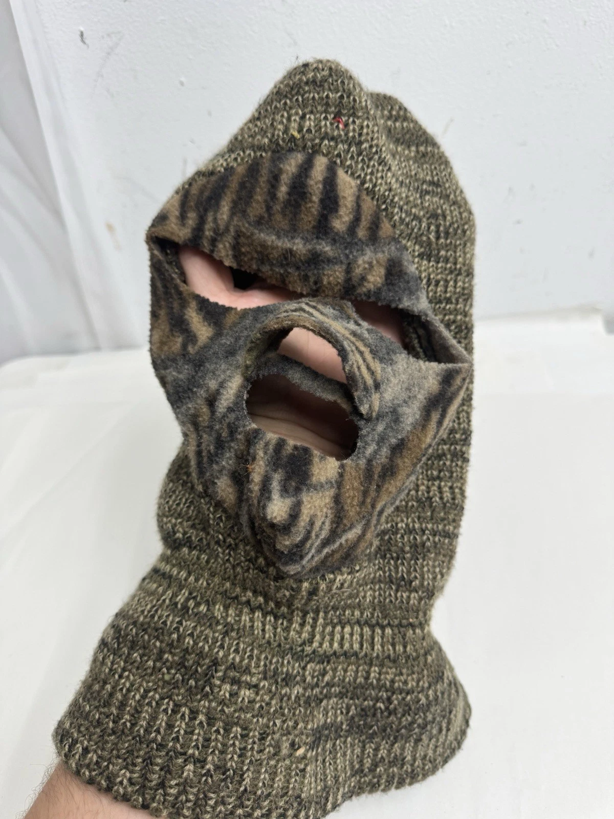 Vtg Mens Knit Balaclava Ski Mask Treebark Camo Face Cover Made in USA
