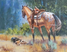 TOM HAAS painting 'Quitin' Time' oil 11x14 Arizona horse dog saddle woods forest