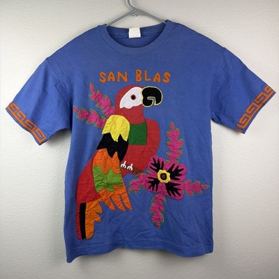 Vintage San Blas Shirt Hand Stitch Parrot Topical Blue Men s Extra Large