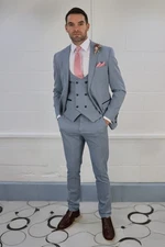 Mens Suit Sky Light Blue Check Three 3 Piece Wedding Groom Races STRETCH FIT 3PC