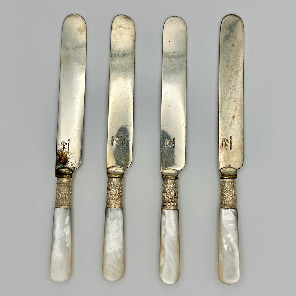 Antique Sheffield Knife Set of 4 Mother of Pearl Handles Sterling Collars Edward - Image 2 of 4