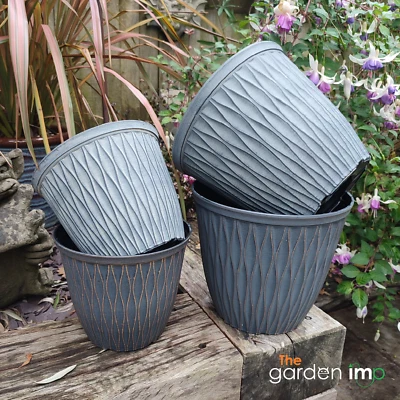 Round Plastic Decorative Plant Pots Patterned Outdoor Planters 2 Sizes & Styles
