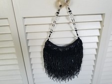Jessica McClintock Black Satin Beaded Fringed Evening Purse
