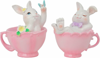 Easter Decorations Bunny Gifts - 2 Pcs Cute Bunny in Pink Teacup Figurines, Funn