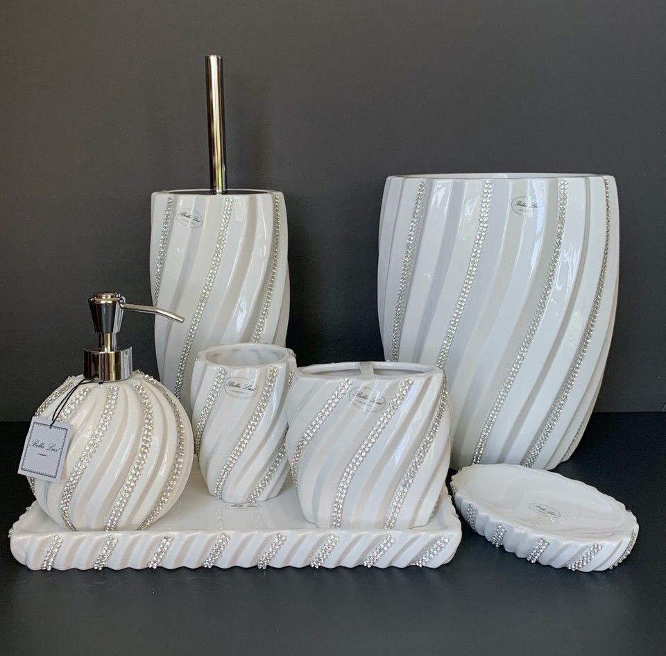 Bella Lux White Swirled Crystal Rhinestones Ceramic Bath Vanity Access