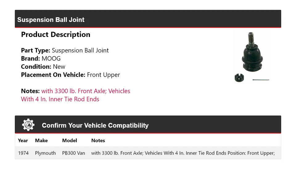Para Plymouth PB300 1974 furgoneta suspensión rótula delantera superior MOOG Foto 2 de 4