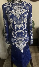 vtg Eves Allure Dress Blue Silk Sequins Beaded 90s Formal small gorgeous
