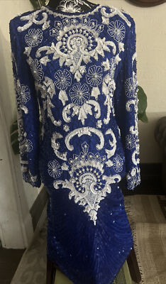 vtg  Eves Allure Dress  Blue Silk Sequins Beaded 90s Formal small gorgeous