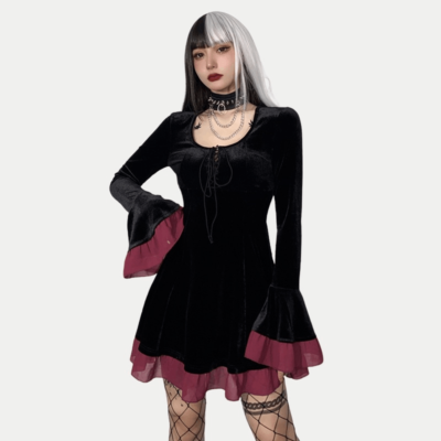 long sleeve steampunk dress Women Dress Mini A-line Long Sleeve Lace Gothic Steampunk Punk Flower Black