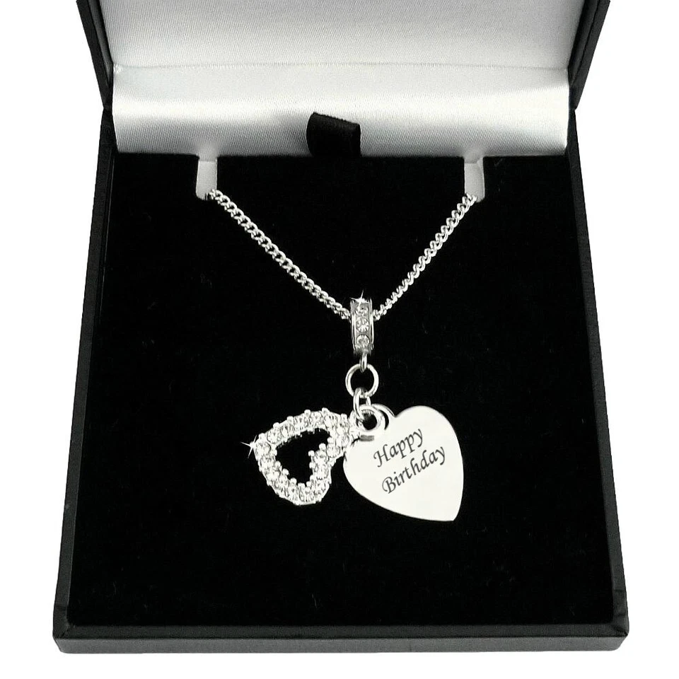 Personalised Necklace with Engraving, Two Heart Pendants & Crystals, Gift Boxed - Image 2 of 4