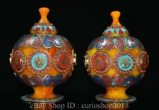 6.8"Old Tibet Silver Beeswax inlay turquoise Gem eight treasures Crock Pot Pair