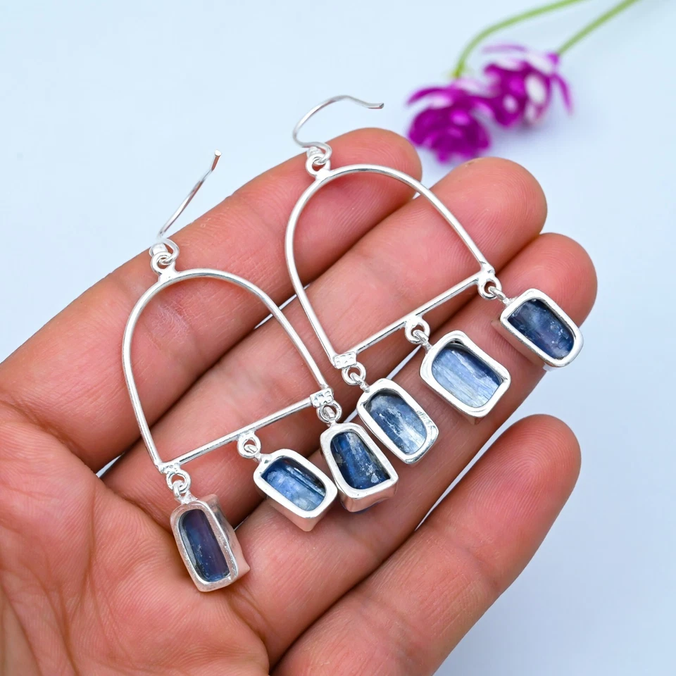 Natural Kyanite Gemstone Earrings 925 Sterling Silver Handmade Jewelry Gifts - Image 3 of 4