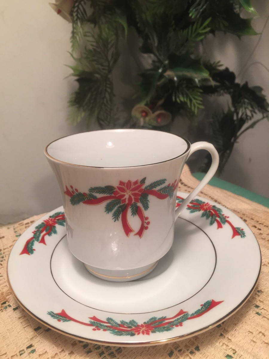 Tienshan POINSETTIA RIBBON Christmas Tea Cup Saucer Porcelain