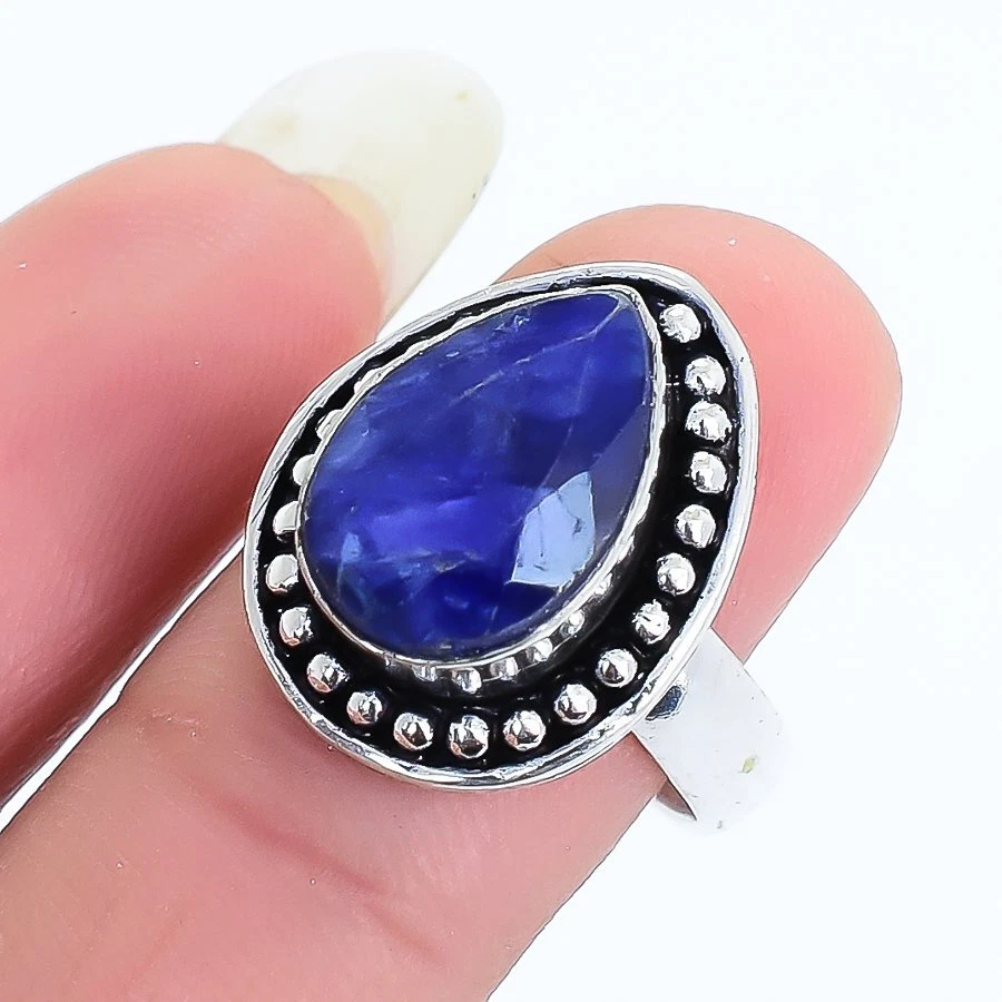 Facettiert Blauer Saphir Edelstein Handgemacht Silber Schmuck Ringgröße 5.5