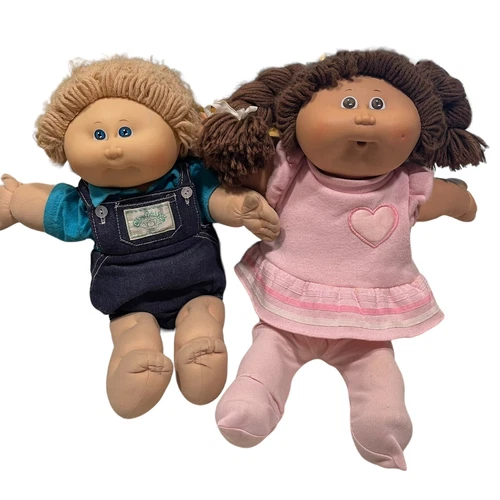 2 Cabbage Patch Kids Dolls Baby Boy Girl Brown Tan 1978-1982 Original Clothes