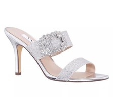 New NINA Vikie Heeled Slide Dress Sandals Silver Glitter Heels Size 9
