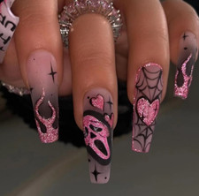 24Pcs Press On Nails Handmade Dark Wind Cobweb Skull Long Fake Nails Set