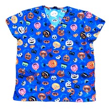 Halloween Serene Uniform Blue Medium Fun Scrub Top Pumpkins Masks Cat Skulls